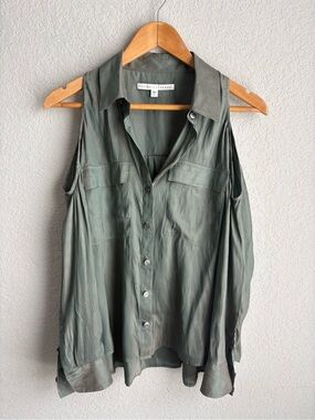 Veronica Beard Two Tone Cold Shoulder Utility Blouse Silk Blend Green Size 6